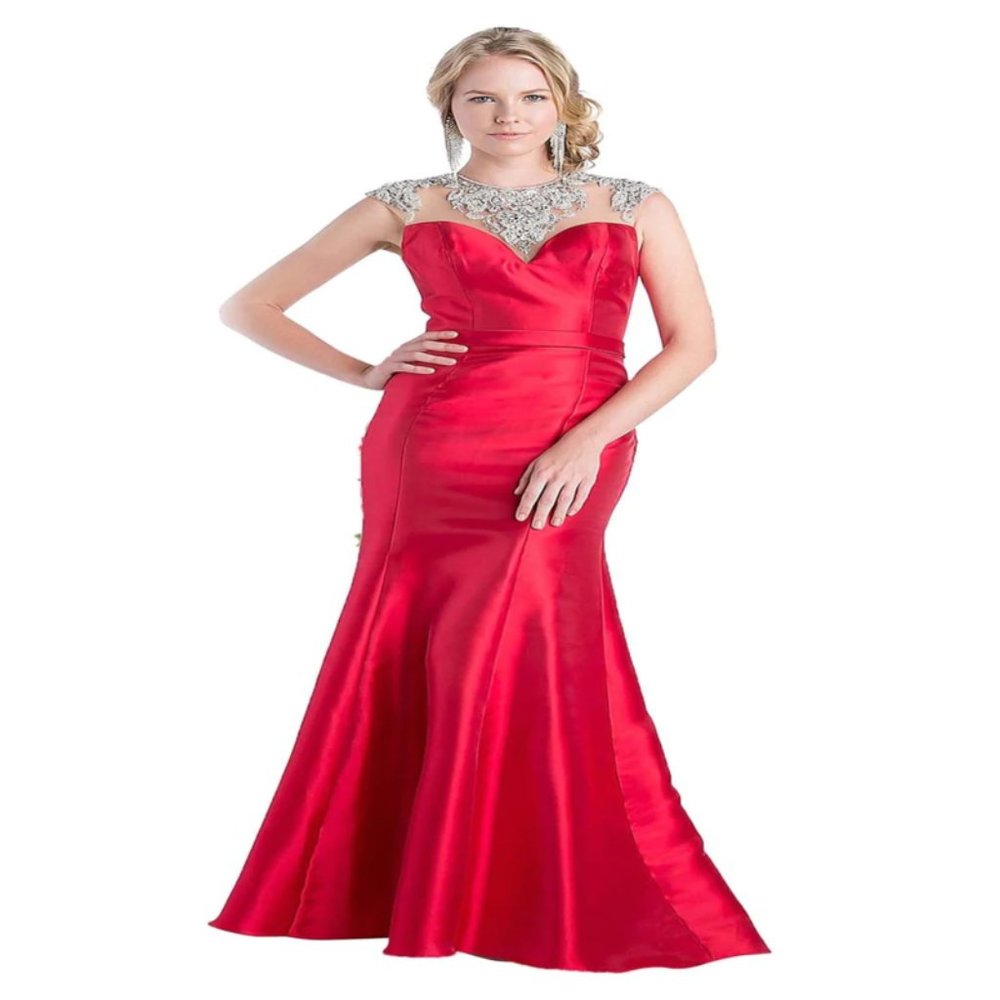 Cinderella Divine - Jewel Illusion Neckline Trumpet Dress CJ221 -  Red
